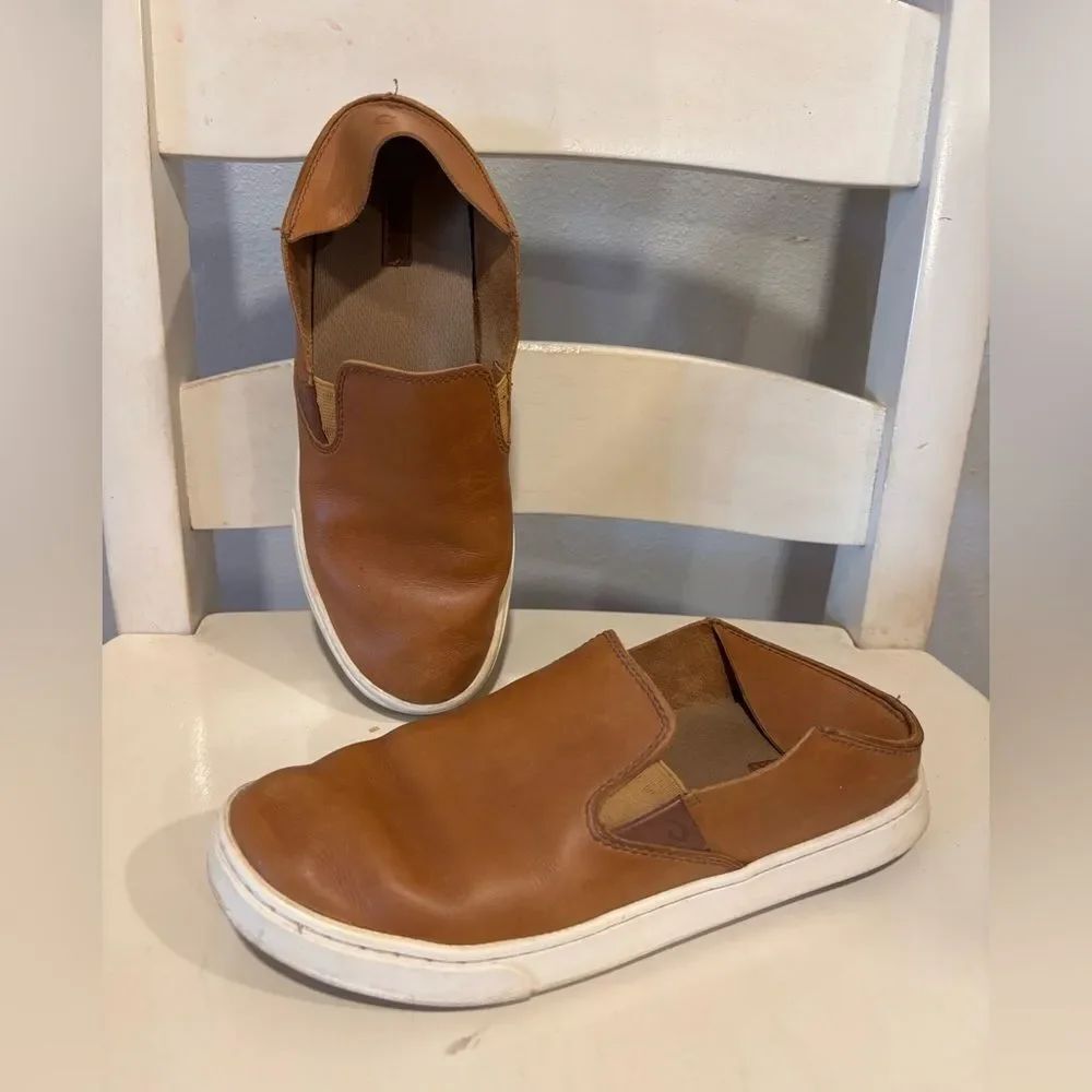 OluKai Pehuea Leather Slip-On Shoes Convertible Heel Tan Brown Size 7.5